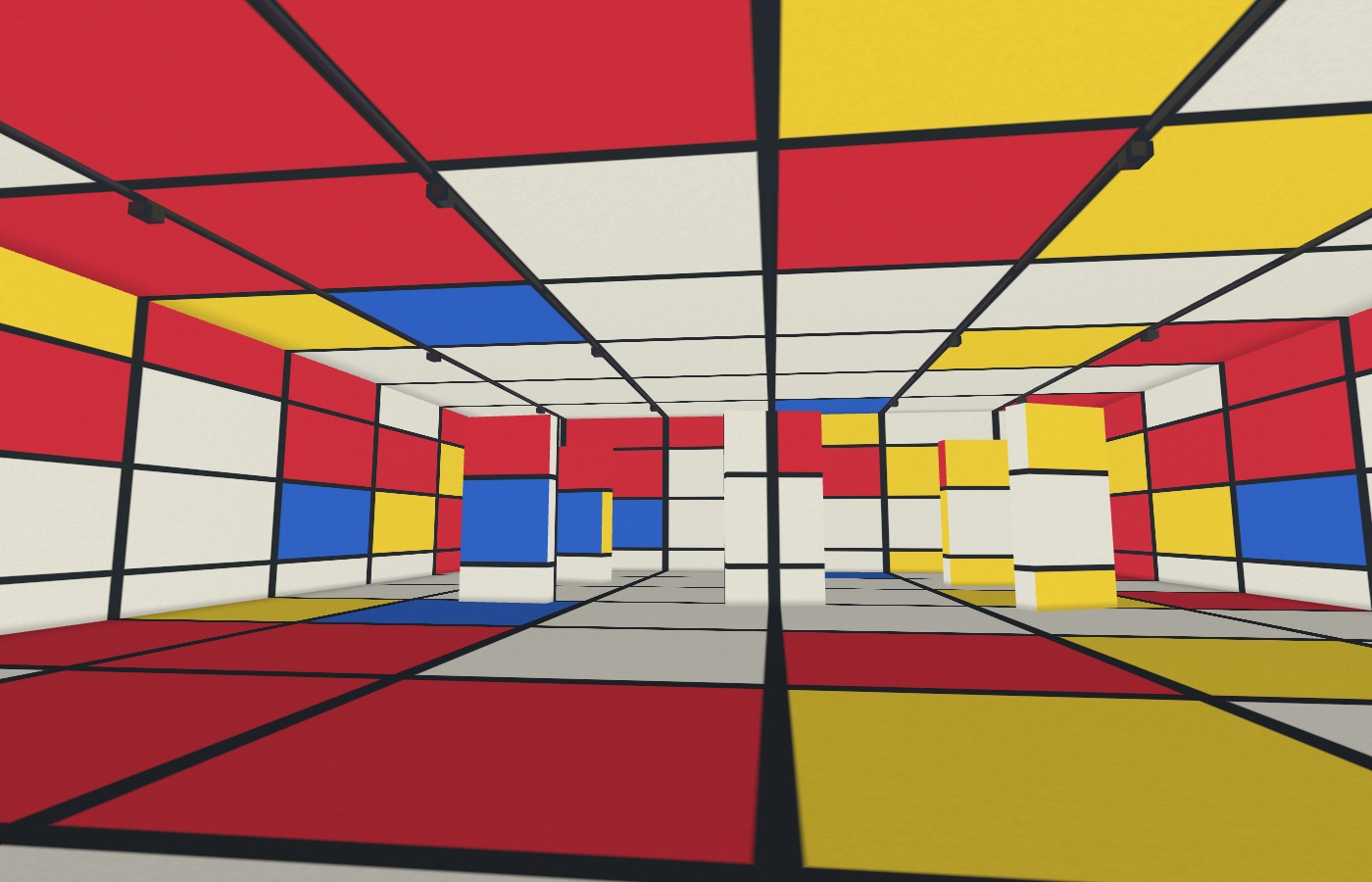 Mondrian-inspired red, yellow, blue and white rectangles projected across the walls, ceiling, floor and freestanding surfaces