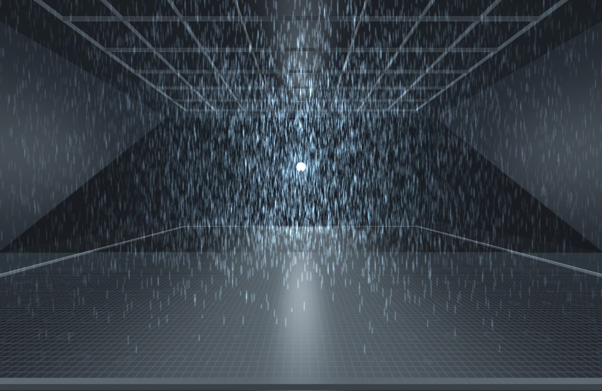 Backlit rain falling over a dark grated floor