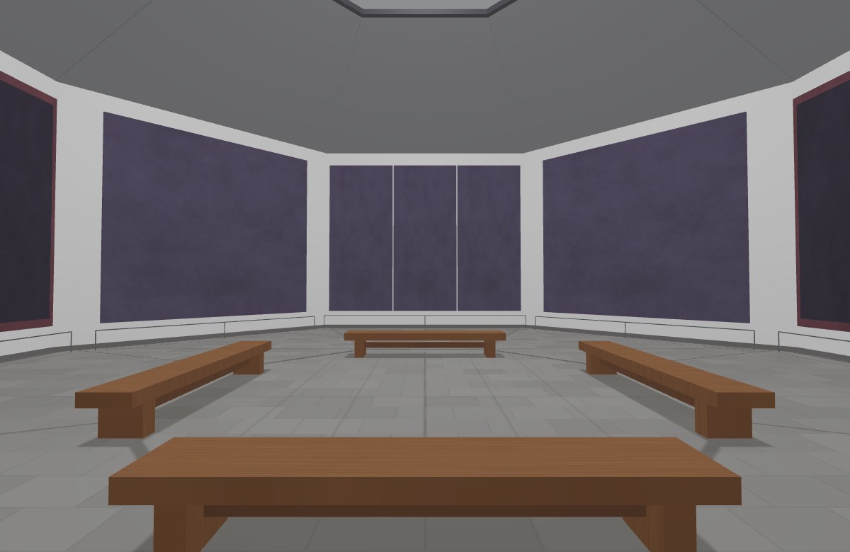 Dark paintings and wooden benches in an octagonal, softly lit chapel