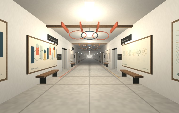 A gallery hallway with framed thematic artwork, timber benches and suspended rings between exhibition doors