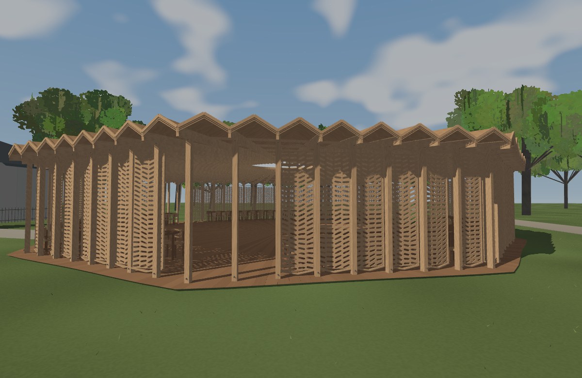 Low pleated timber pavilion with botanical fretwork screens and patterned sunlight in Kensington Gardens