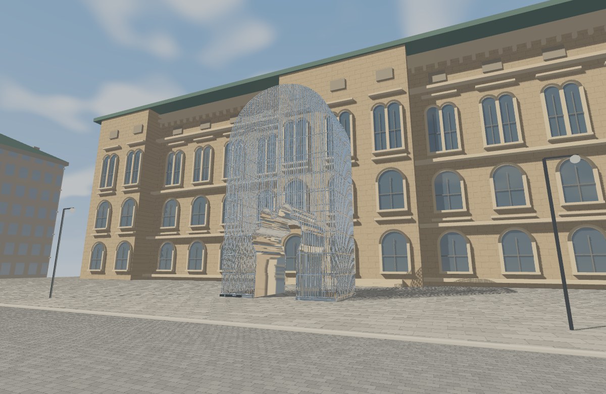 Reflective steel cage and twin silhouette passage outside Stockholm’s Nationalmuseum