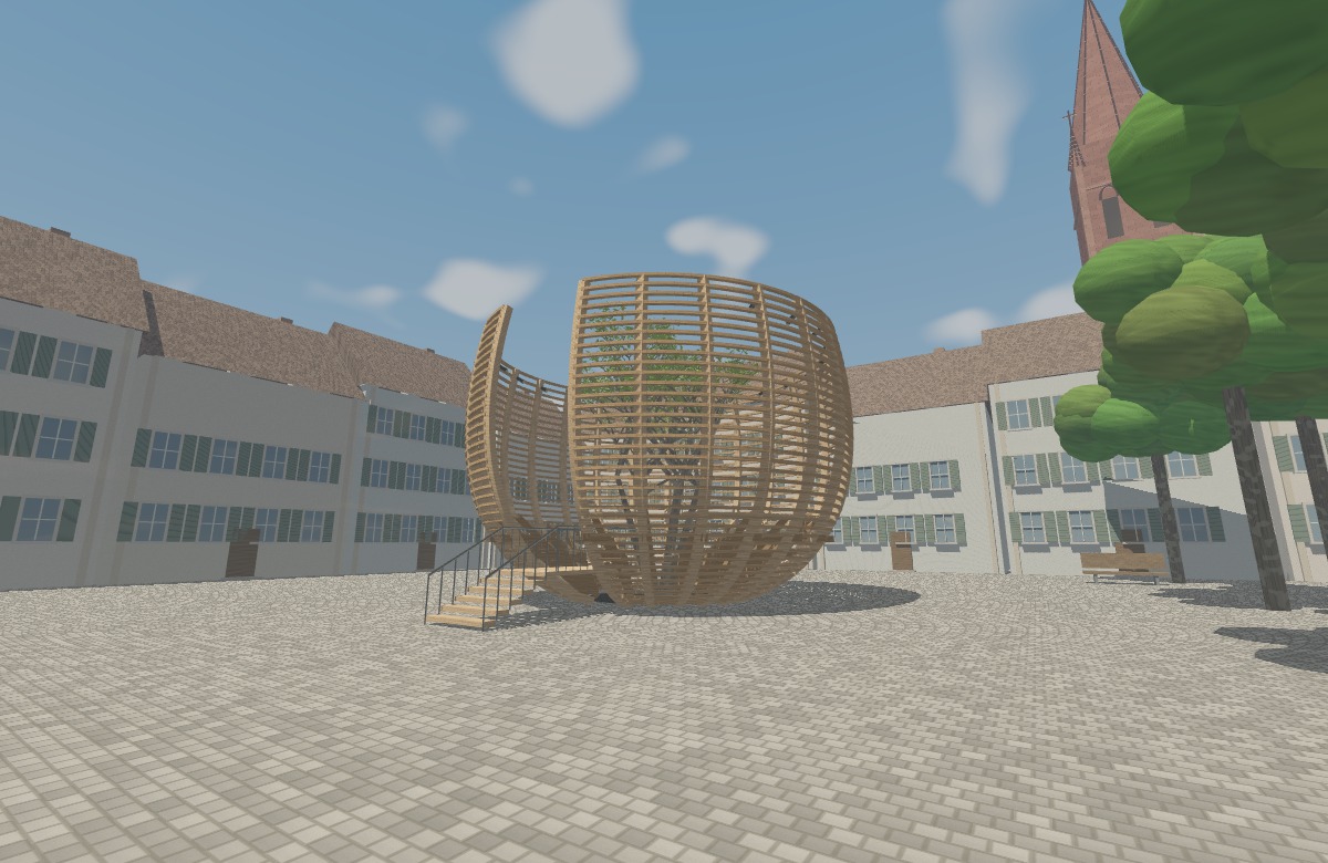 Curved timber arena around a living tree in Basel’s cobbled cathedral square