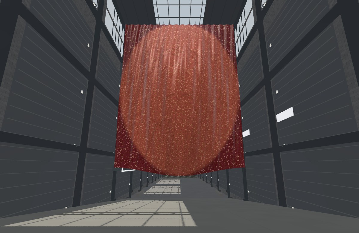 A monumental copper-red sail suspended in Tate Modern’s tall industrial Turbine Hall