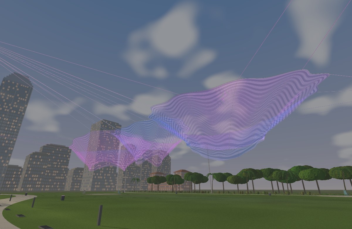 Layered violet and blue woven arcs suspended over a waterfront lawn
