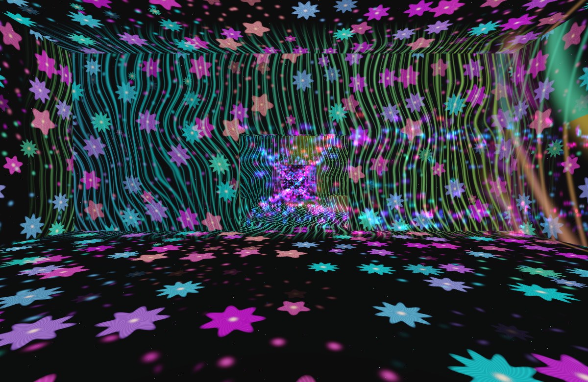Luminous flower projections in a dark walkable room