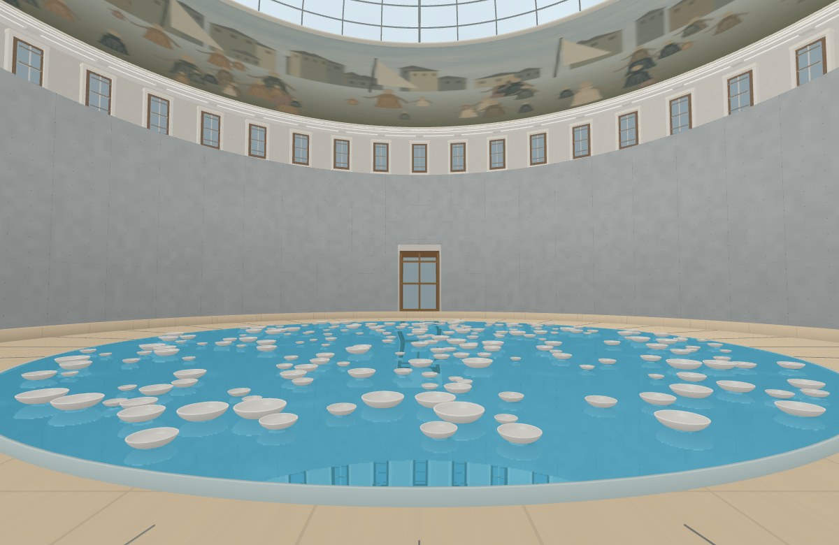 White porcelain bowls drift across a blue circular pool beneath the Paris rotunda