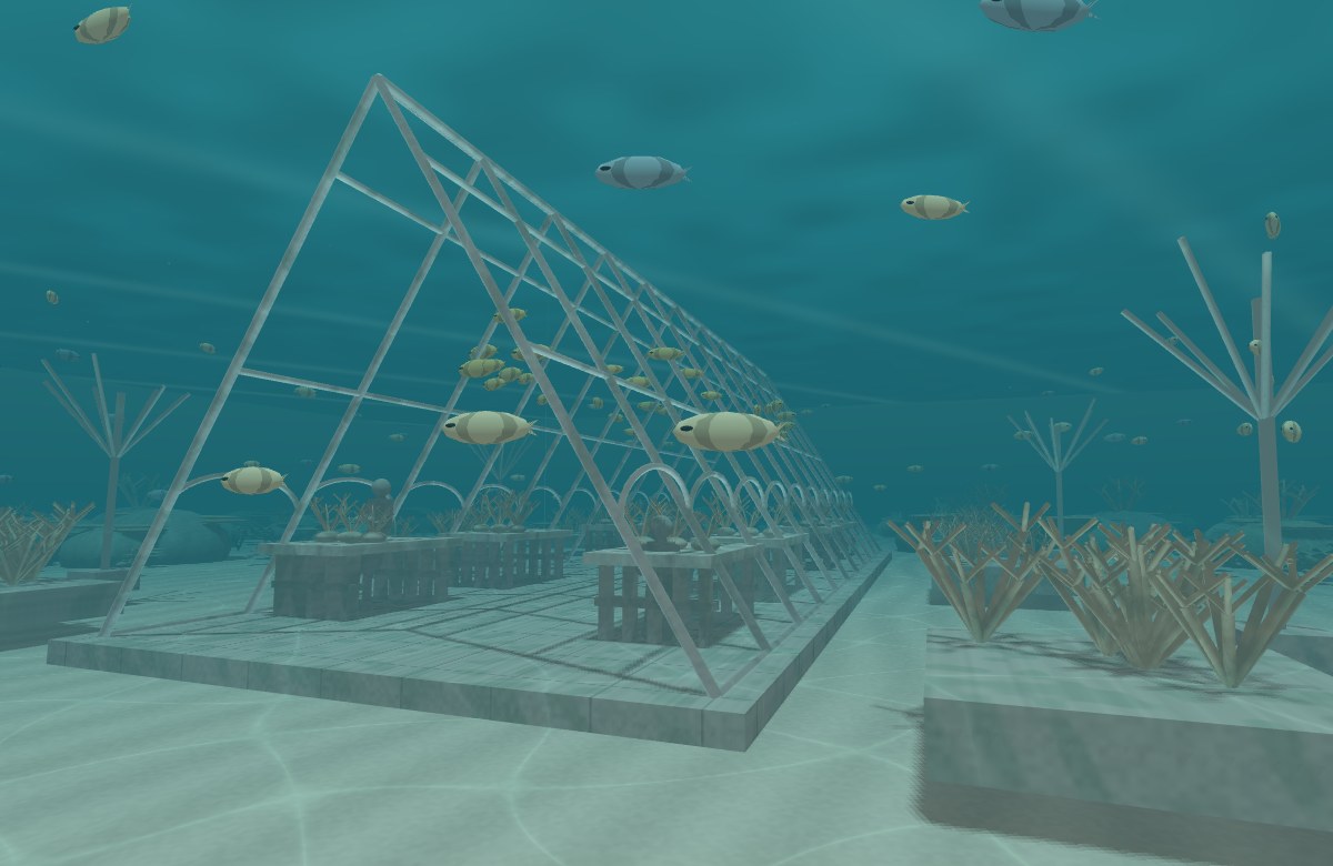 An open triangular greenhouse, coral gardens and swimming fish beneath blue-green water