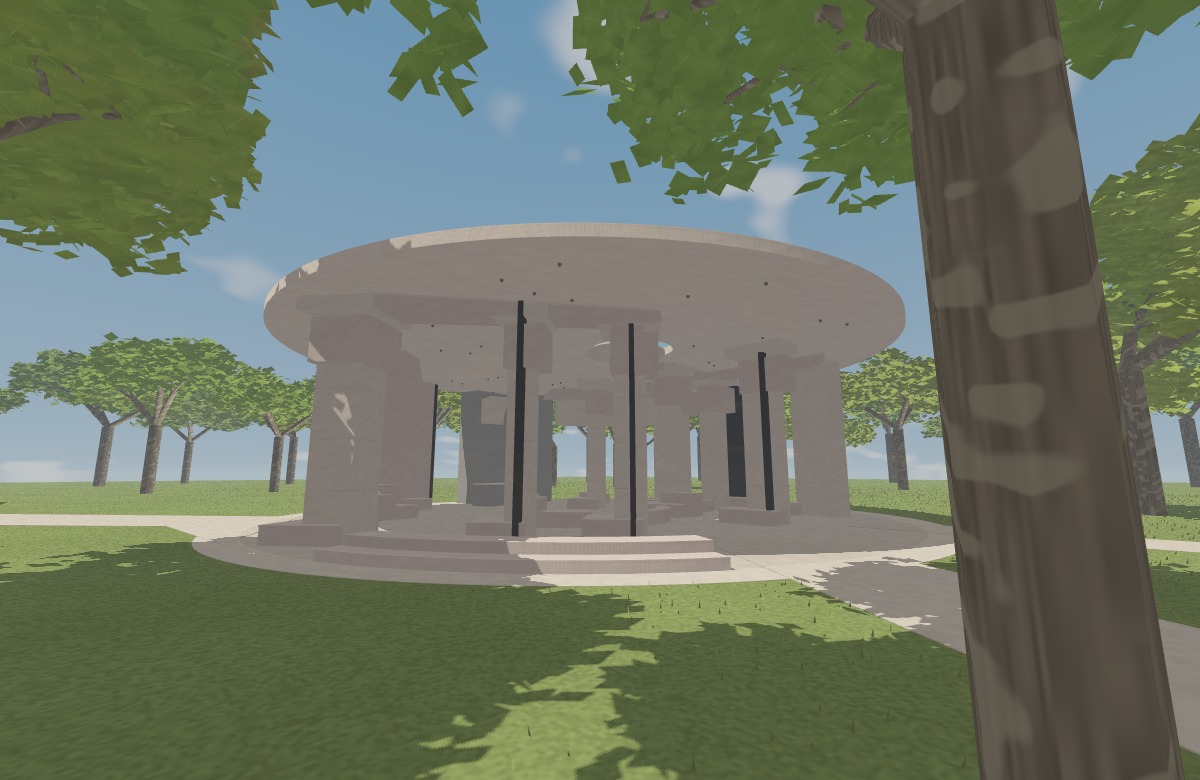 Layered pale columns beneath Counterspace’s circular pavilion canopy in Kensington Gardens