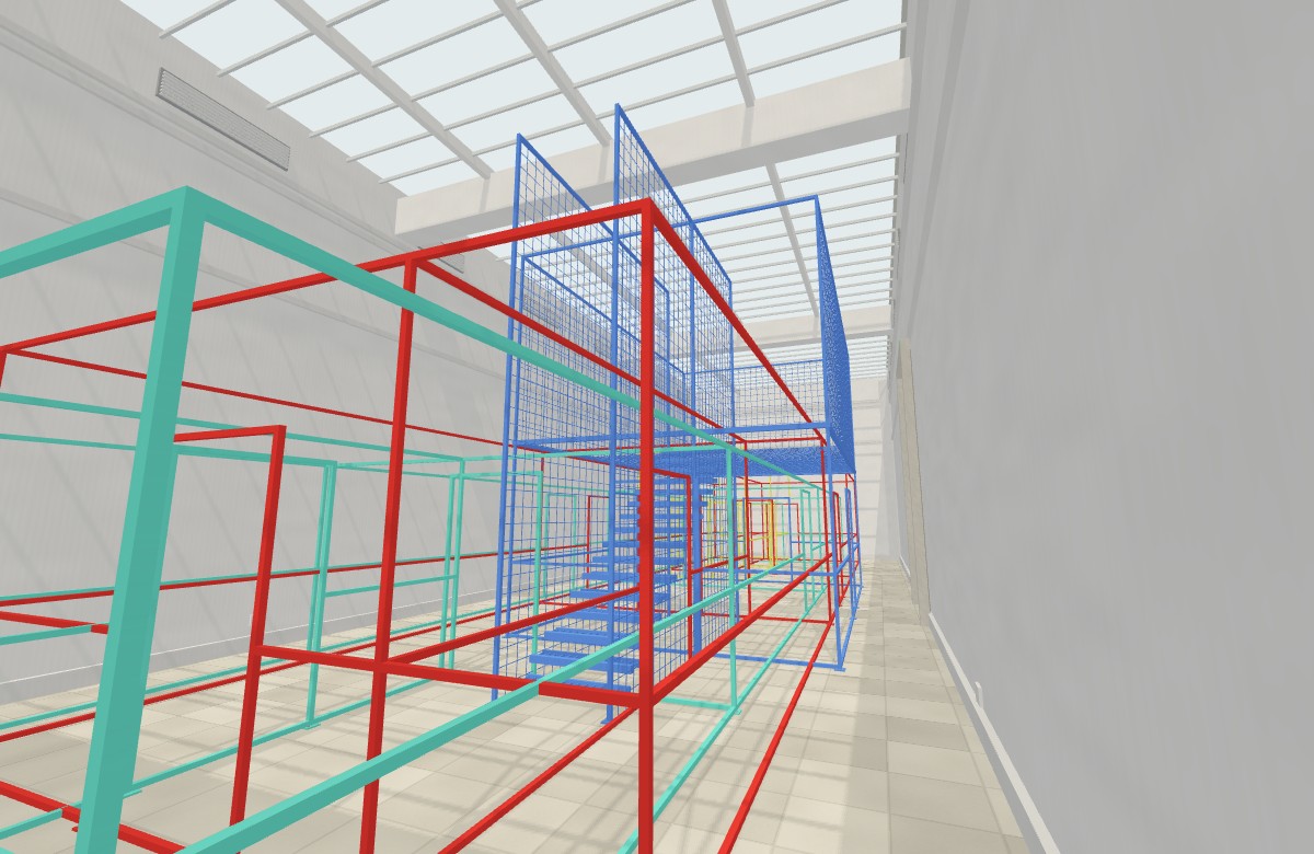 Red, mint, yellow and blue steel house outlines overlap beneath the Polish Pavilion’s glazed roof