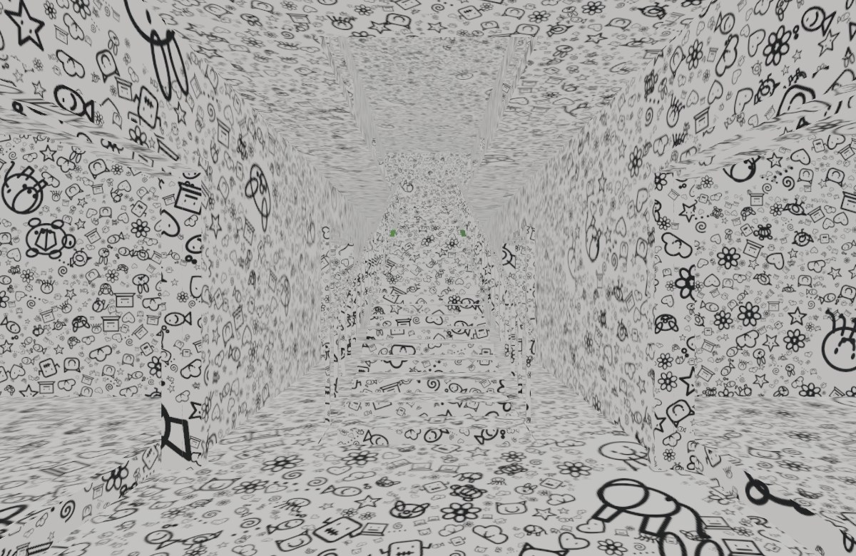 Black-and-white doodles cover a living room's walls, ceiling, sofa and fireplace