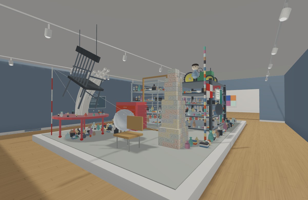 Shelves, a suspended chair and colourful objects on The Brain's white platform