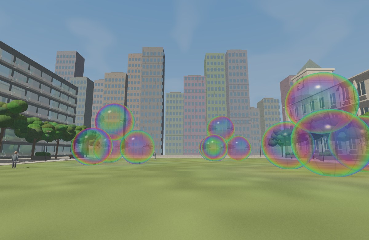 Giant translucent rainbow bubbles above a lawn, framed by trees and civic architecture