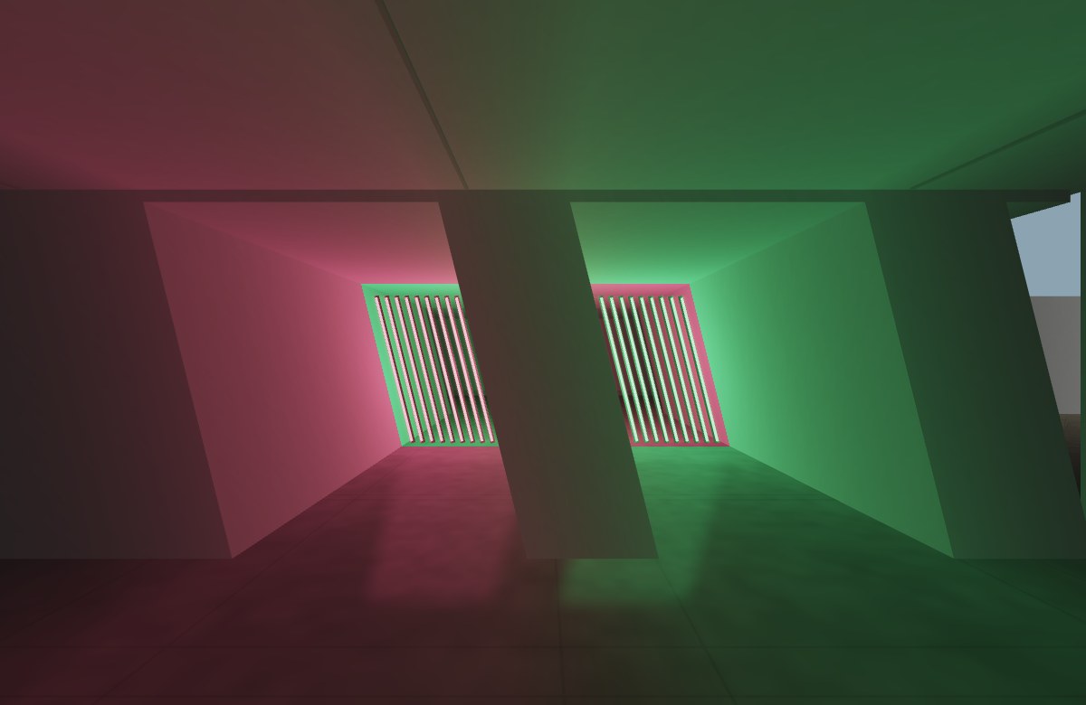 Pink fluorescent tubes divide a luminous corridor from a green space beyond