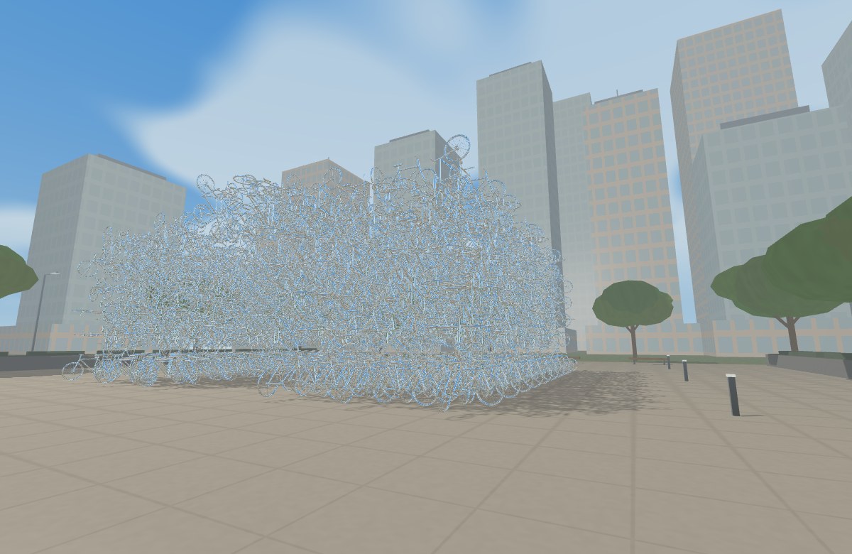 A dense silver bicycle lattice against trees and an urban skyline