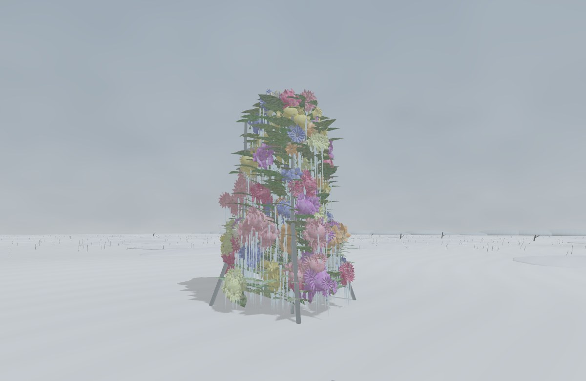 A colourful tower of flowers and cascading icicles in a snowy Hokkaido landscape