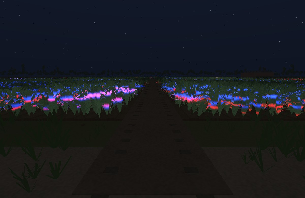 Red and blue light waves crossing long rows of leeks beneath a dark Dutch horizon