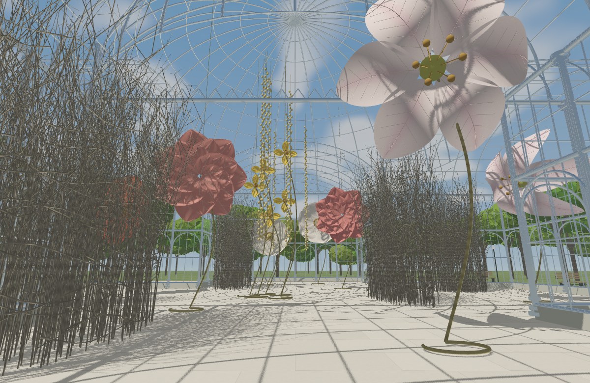 Giant fabric flowers and nesting branches beneath the glass vaults of the Palacio de Cristal