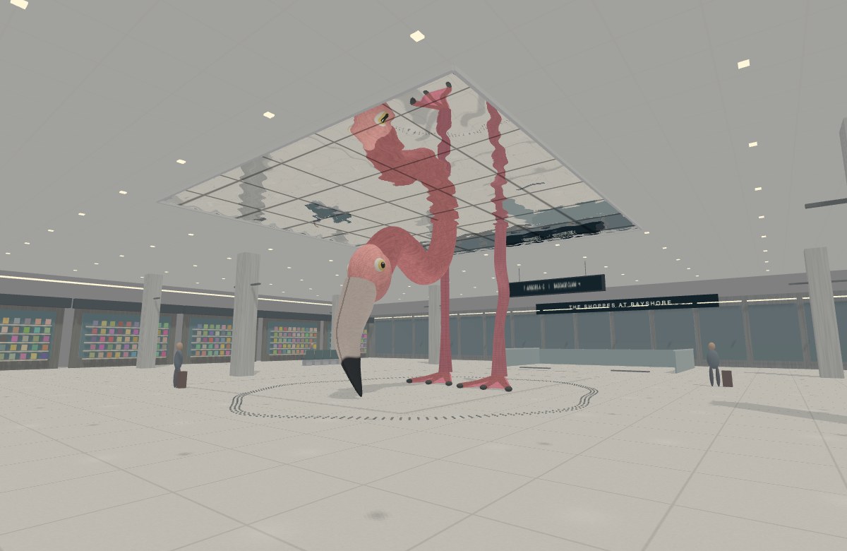 A monumental pink flamingo descends from a rippled reflective ceiling in an airport terminal