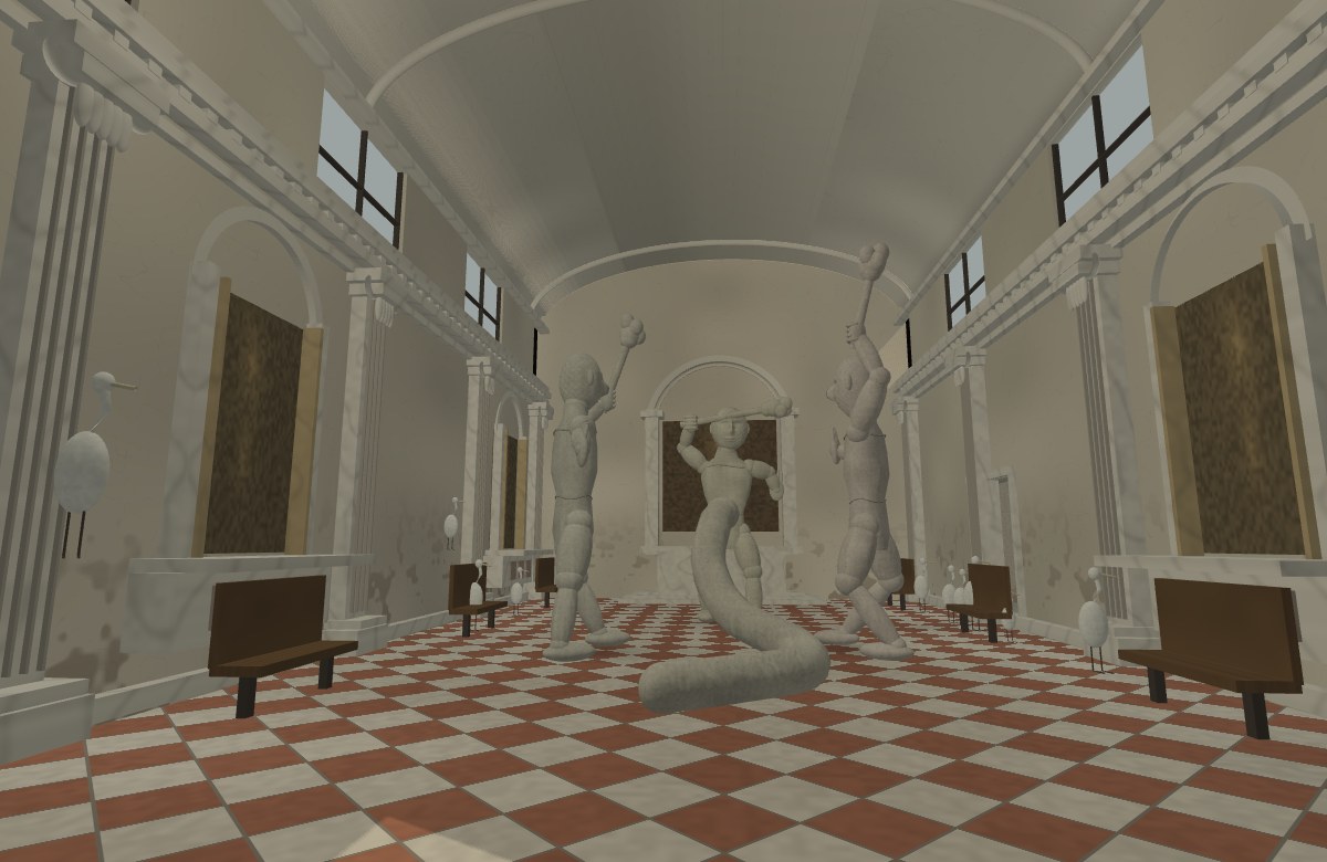 Giant clay figures and a rising serpent inside a vaulted Venetian church