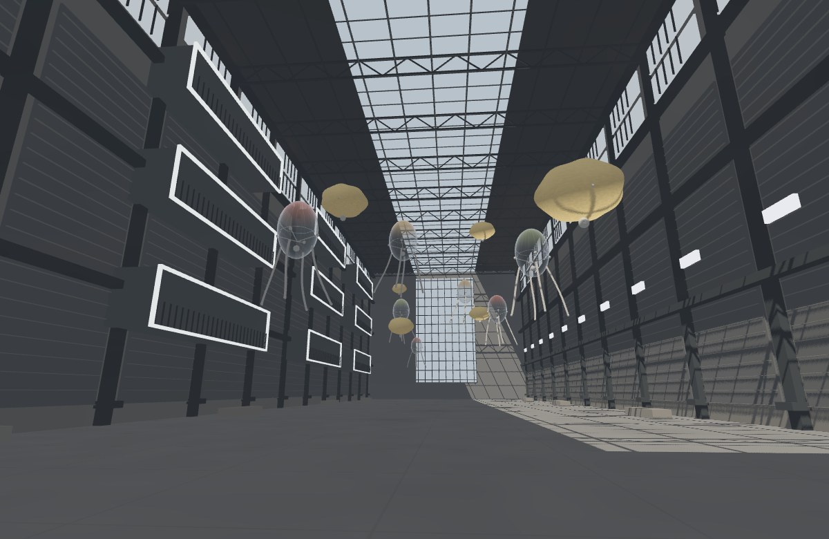 Translucent tentacled aerobes and ochre floating forms beneath Turbine Hall roof trusses