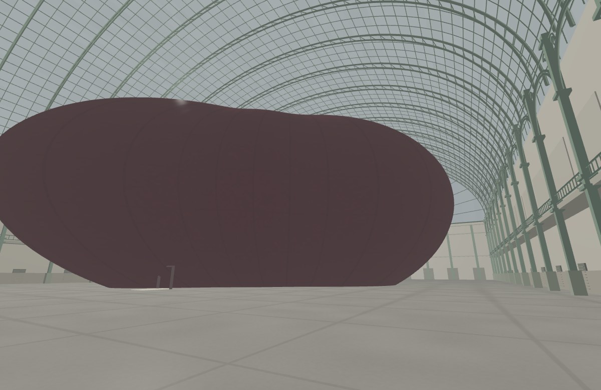 A monumental dark lobed form fills a vaulted glass and iron exhibition hall
