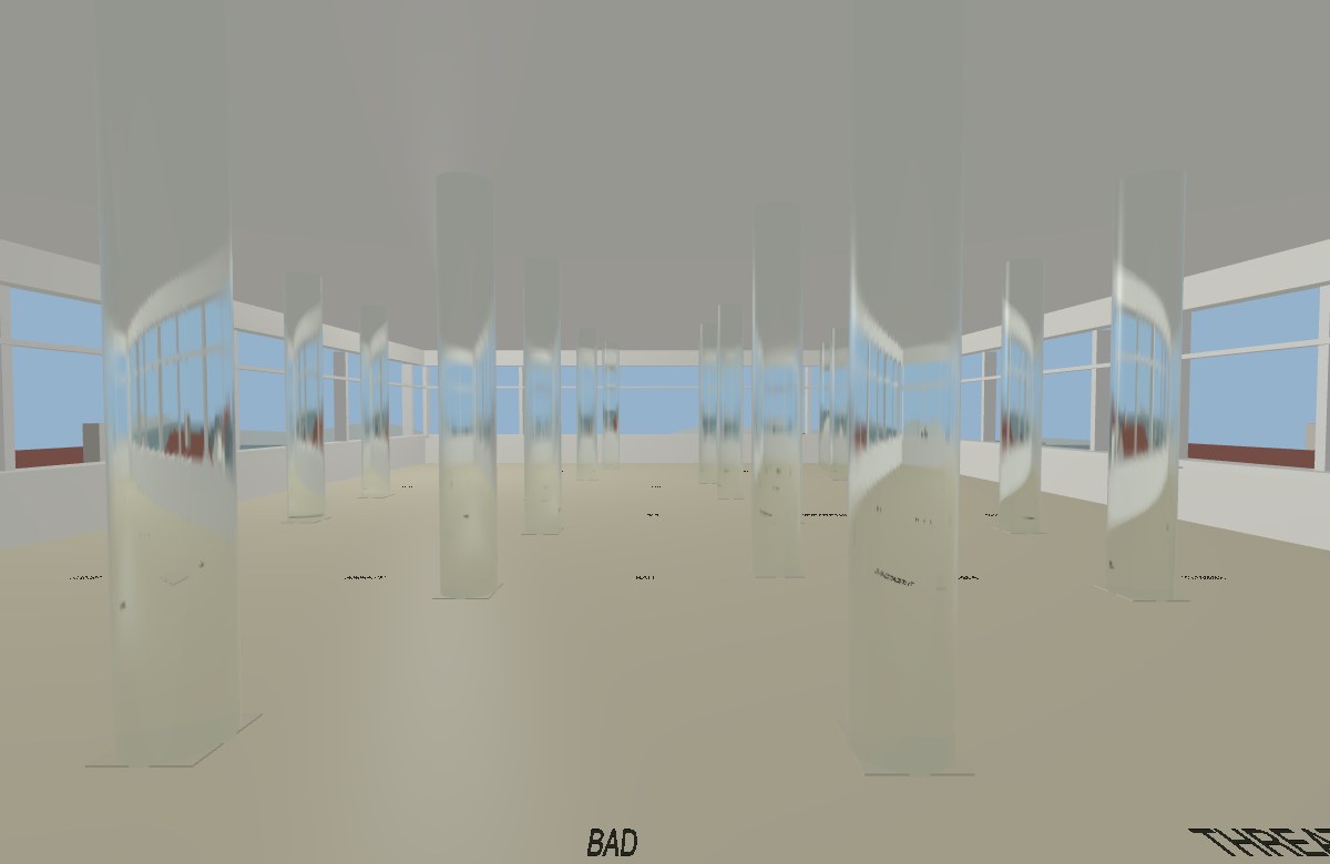 Glass water columns refract a window-lined room with weather words underfoot