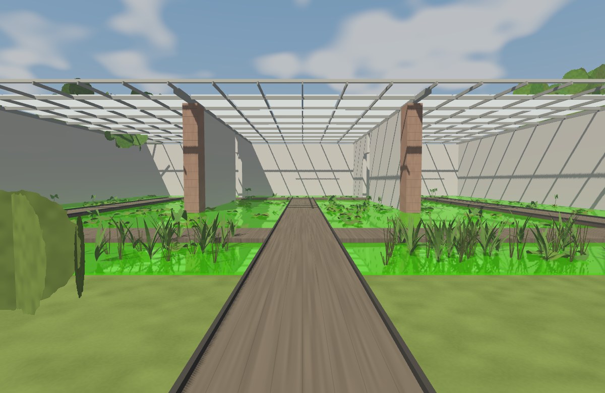 Luminous green pond flowing through open galleries with timber walkways