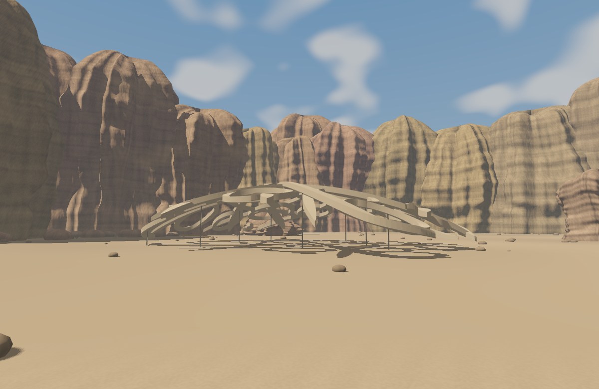 Sand-colored calligraphic canopy casting shadows in an AlUla sandstone valley