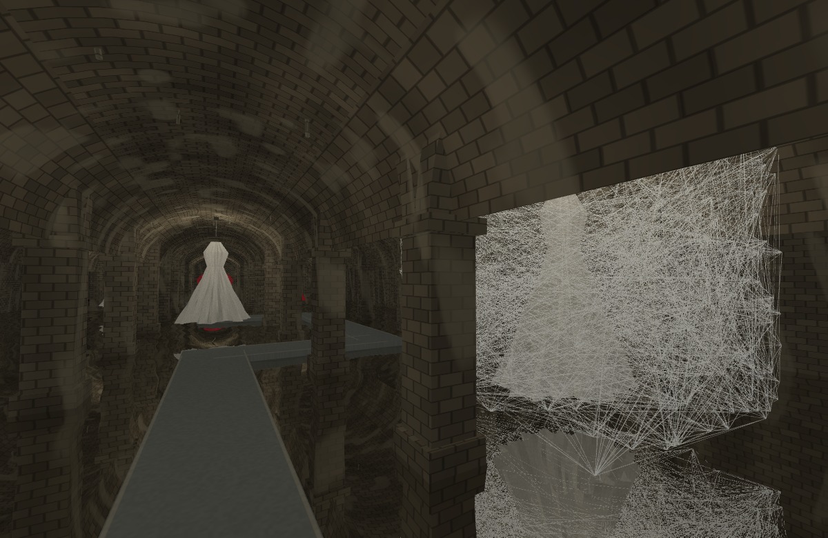 White thread enclosures and suspended dresses reflected in the water of a vaulted underground hall