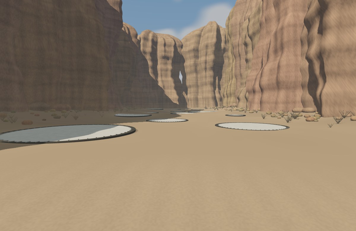 Luminous trampoline circles casting pools of white light across a sandstone canyon