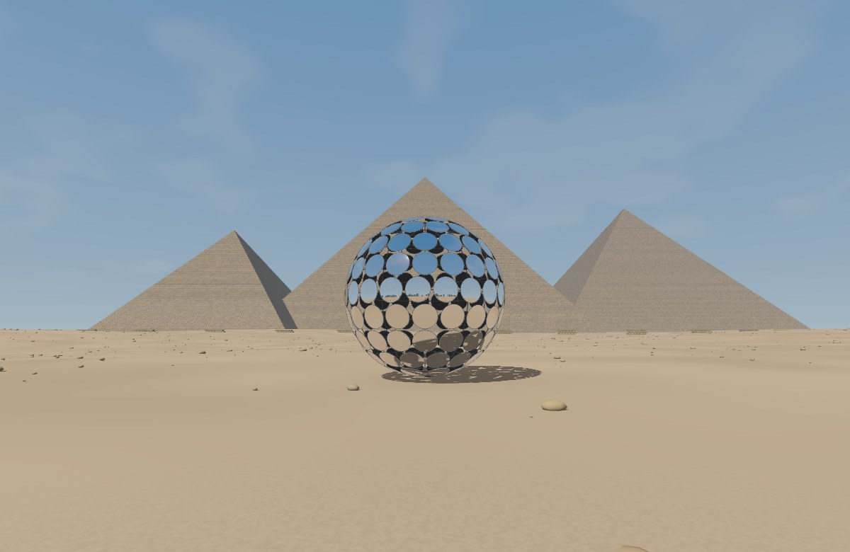 A sphere of circular mirrors reflecting the desert below three pyramids