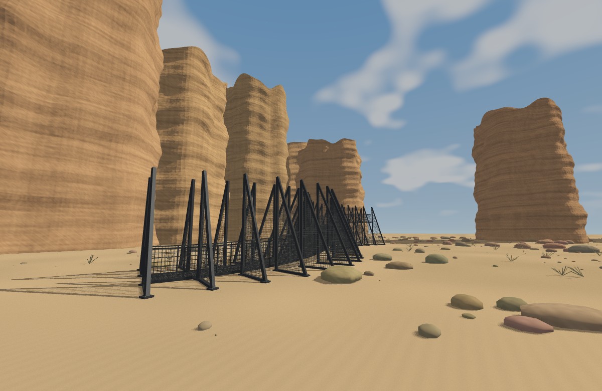 Black triangular steel mesh fins surround a rising serpentine walkway in an AlUla sandstone canyon