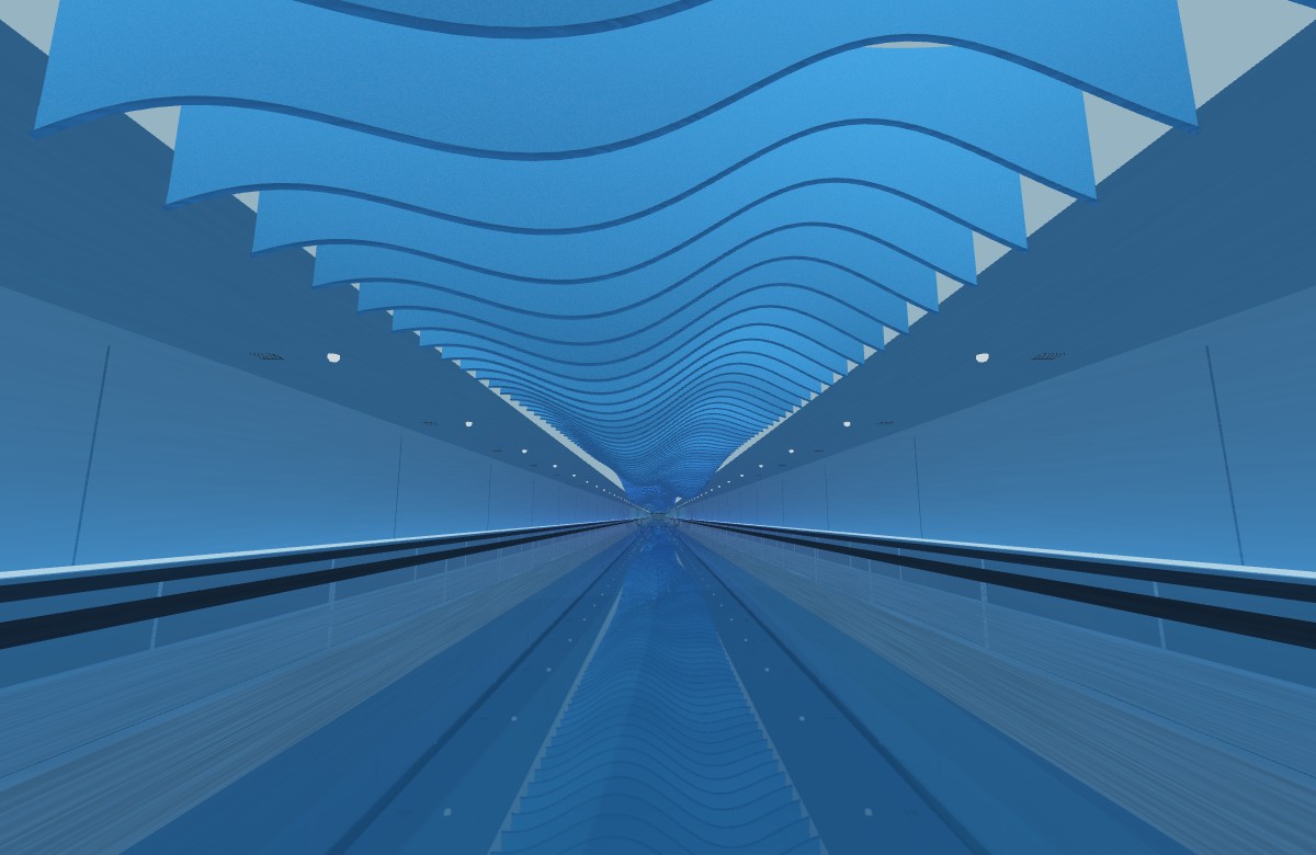 Flowing blue fabric fins and moving walkways reflected in the airport tunnel floor