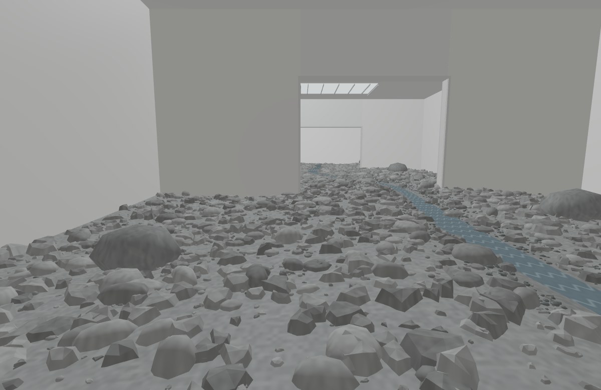 A narrow stream winds through rocky terrain and connected white galleries