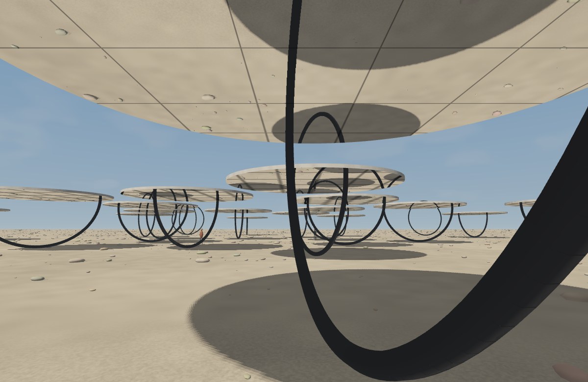 Monumental curved supports join their reflections in mirrored canopies above a Qatar desert plain