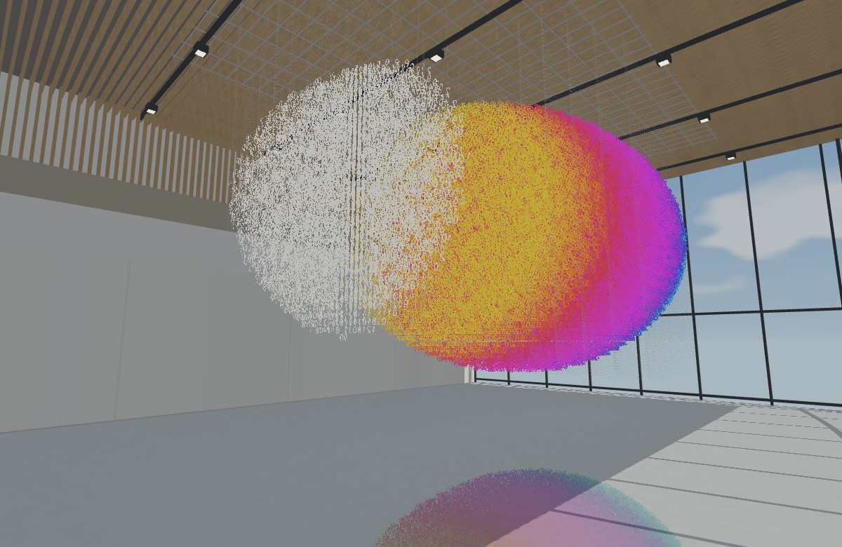 A floating volume of white and rainbow-coloured numerals beneath NOW Gallery’s slatted ceiling