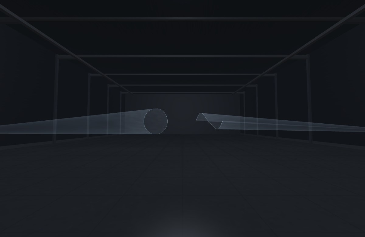 Two luminous surfaces stretch across a dark gallery