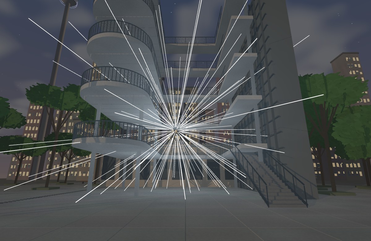 Cool-white starburst piercing curved concrete terraces against a tropical city backdrop