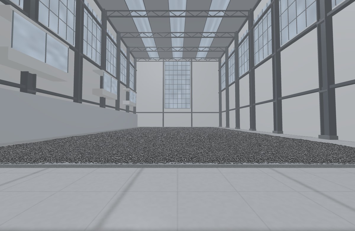 A dense field of porcelain seeds in a monumental hall