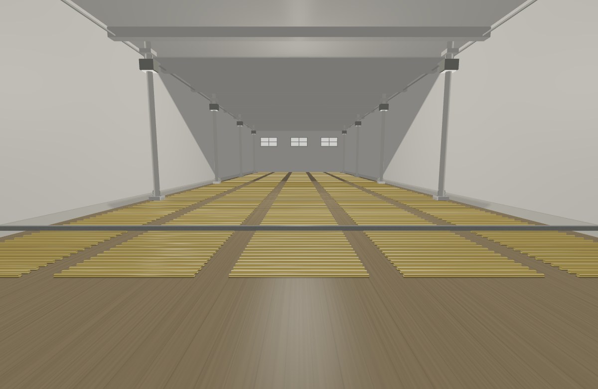 Five parallel rows of golden brass rods extend across a timber gallery floor
