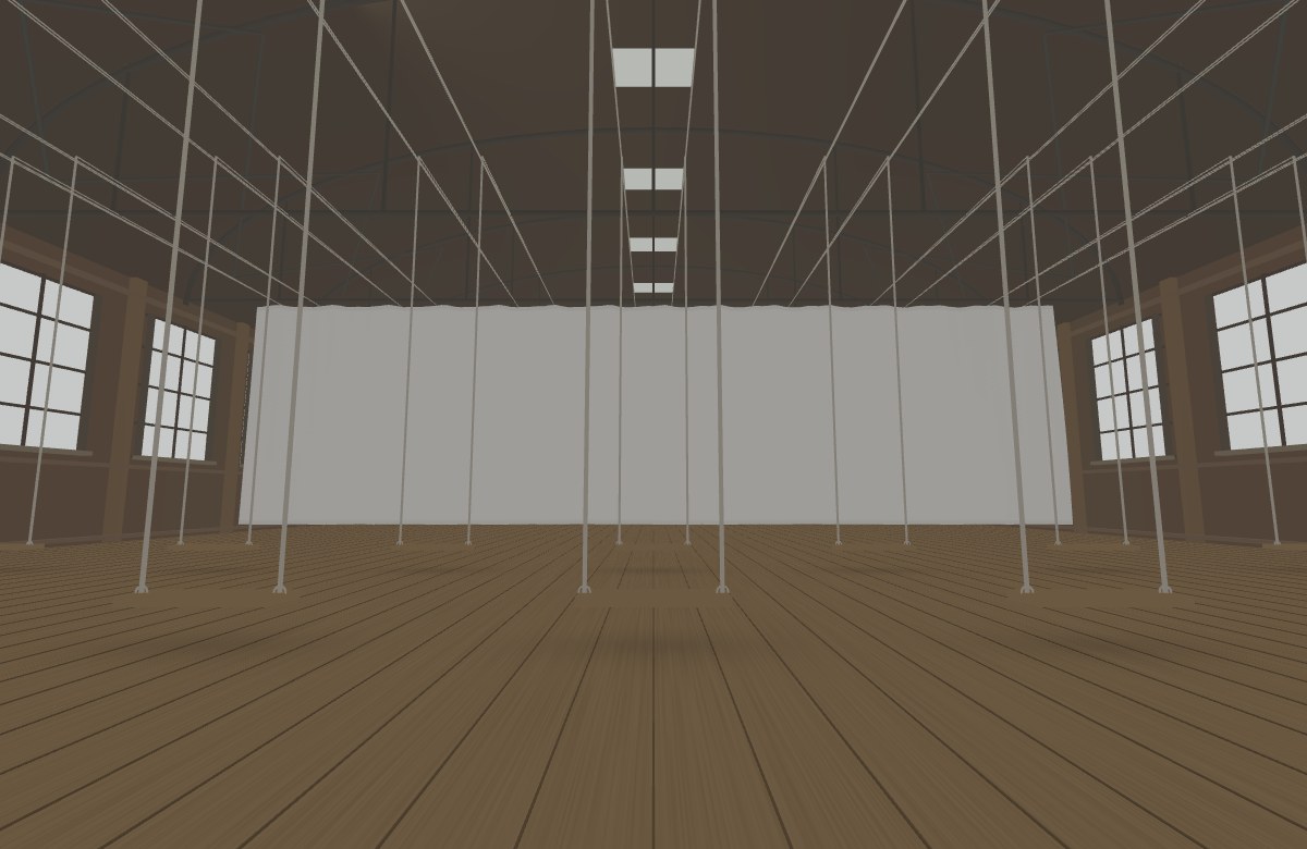 A white cloth hangs in a timber hall filled with swings