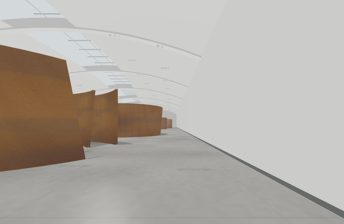 Tall curved walls of rust-colored steel in a long gallery