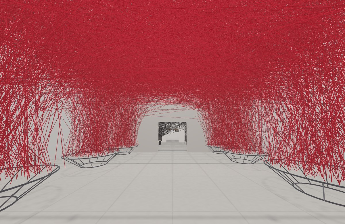 Red threads suspended above empty metal boats