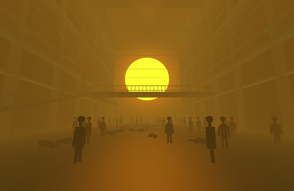 A glowing yellow sun at the end of a vast amber hall