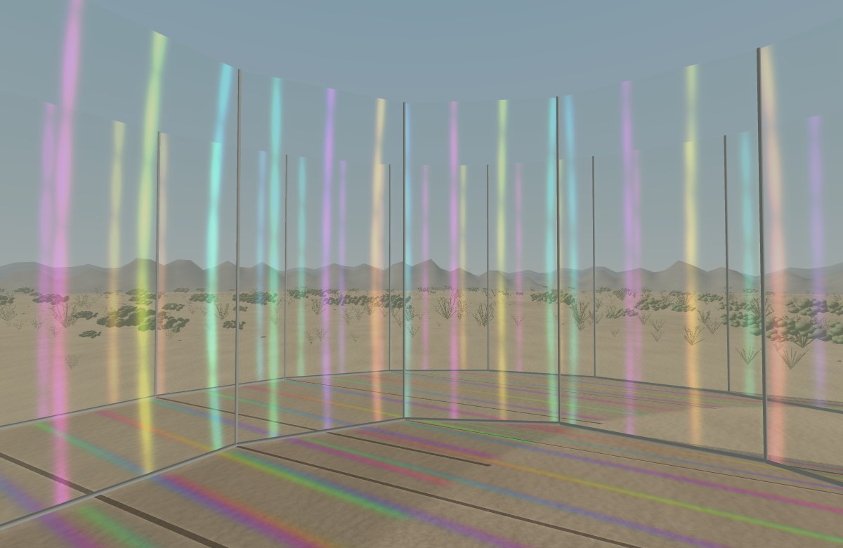 A transparent glass spiral catches spectral light against a desert mountain horizon
