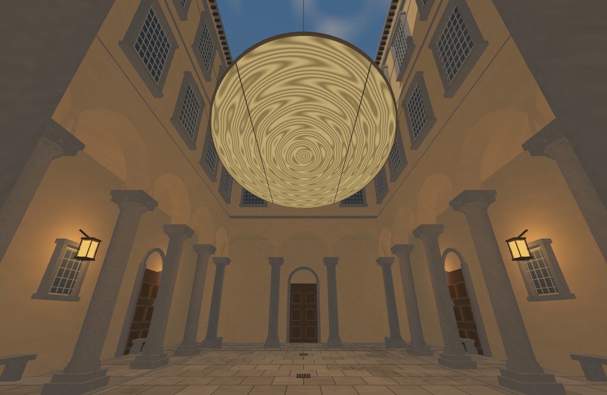A golden moiré ellipse suspended above the stone arches of Palazzo Strozzi’s courtyard