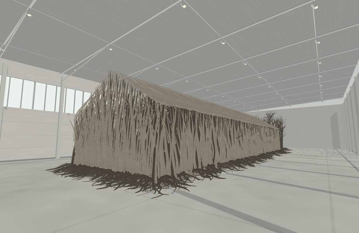 Pale tree trunks form a pitched-roof house with tangled exposed roots in a high-windowed white gallery