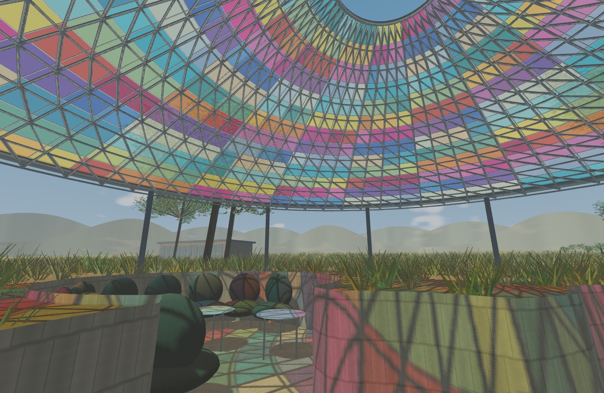 Coloured glass canopy above sunken circular seating and a planted vineyard landscape