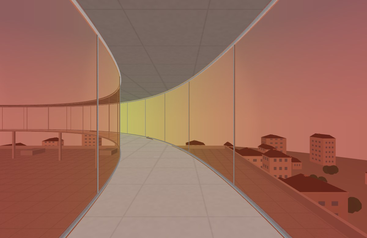 A curving glazed walkway filters a rooftop skyline through changing colors
